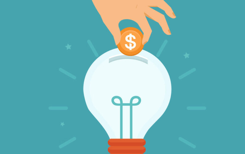 Vector idea attracting money concept in flat style - man's hand putting golden coin inside the light bulb - investment and innovation