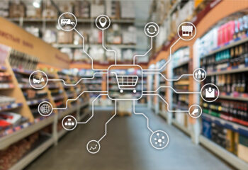 Retail marketing channels E-commerce Shopping automation concept on blurred supermarket background.